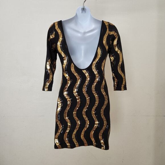 Foreign Exchange Black & Gold Sequined Mini Dress Size M - Picture 4 of 9